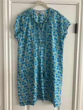 Bella Tu Blue & Green Floral Mini Dress with Embroidered V-Neck